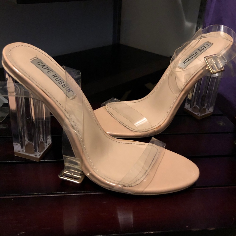 Clear/tan block strappy heels